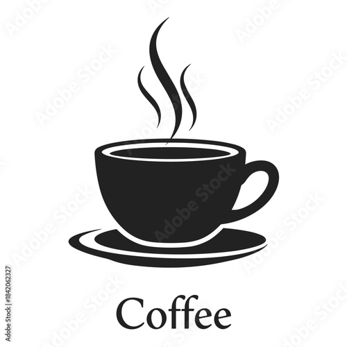Black coffee cup with steam and saucer icon with text vector