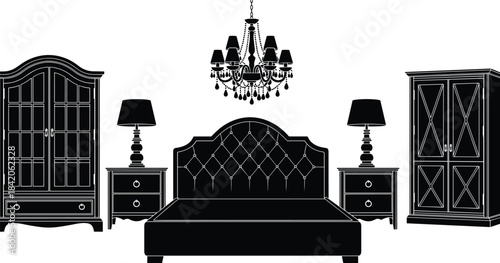 Classic luxury bedroom furniture vector illustration featuring ornate bed, chandeliers, wardrobes, and nightstands, detailed black silhouettes perfect for interior design, home decor, and elegant r