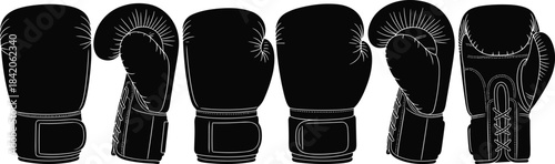 Black boxing gloves in various poses and angles on white background sport fighting