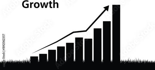 Black bar graph with upward trending arrow and word growth over grass silhouette