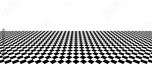 Black and white checkerboard floor background. Abstract checkered tile pattern in perspective. Vector horizontal chess board grid plane surface. Retro vintage empty ball room checker floor