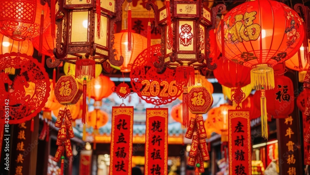 Naklejka premium Vibrant display of traditional red chinese lanterns and festive decorations signaling the upcoming year 2026 celebration