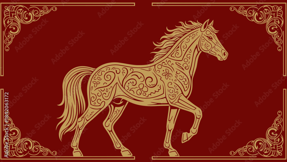 Fototapeta premium Ornate golden horse illustration with intricate patterns standing majestically on a rich red background with decorative borders perfect for cultural or luxury branding