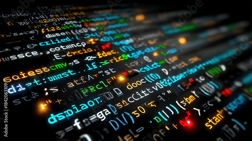 Display of colorful lines of computer programming code on a dark background.