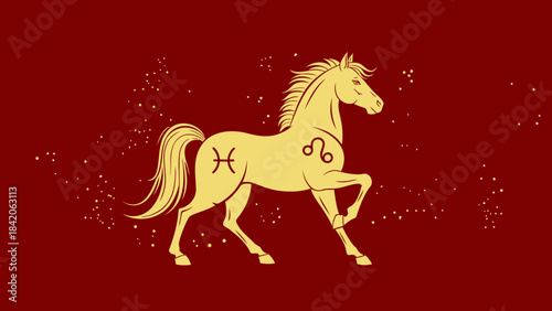 Golden horse silhouette with zodiac symbols representing astrology and horoscope on a dark red background with starry elements