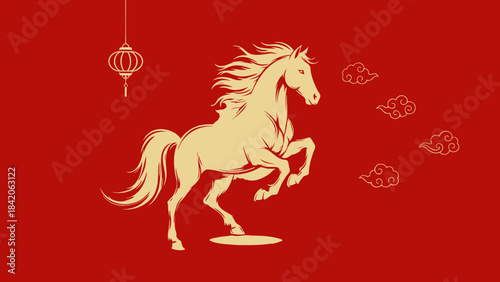 Golden horse illustration with flowing mane and tail set against a vibrant red background with traditional Chinese lanterns and auspicious clouds symbolizing good fortune and prosperity