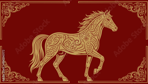 Ornate golden horse illustration with intricate patterns standing majestically on a rich red background with decorative borders perfect for cultural or luxury branding