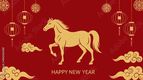 Golden horse illustration with traditional Chinese lanterns and clouds on a red background symbolizing good fortune and new year celebrations