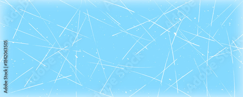 Scratched ice surface texture. Blue icy background with skate traces, cracks, scratches. Rough winter sport rink backdrop. Frozen lake or pond water wallpaper with dots, spot, lines, cuts. Vector