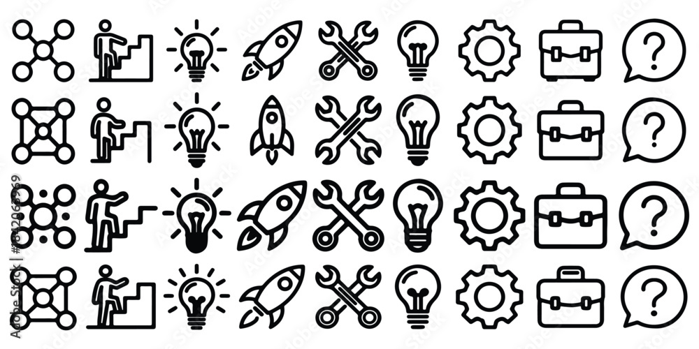 Fototapeta premium Business Innovation Outline Icons Set Line Art Style Lightbulb Rocket Gears Vector