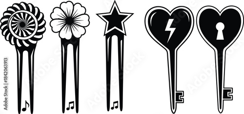 Ornate Hair Accessories Pin Stick Set Flower Star Heart Key Black White Music Note Decorative Jewelry Vector