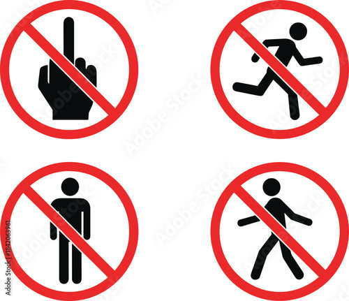 Prohibition No Running Walking Standing Pointing Sign Set Warning Restricted Forbidden Public Place Safety Rule Symbol