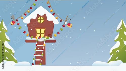 Charming snow covered winter cabin decorated with festive colorful string lights under a gentle snowfall