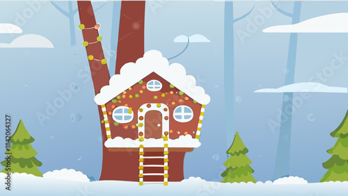 Charming gingerbread treehouse decorated with festive lights sits sweetly in a magical snowy winter forest scene