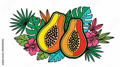 Vibrant Papaya Halves with Tropical Leaves and Hibiscus Flowers.