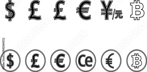 currency symbols illustration set, dollar, pound, euro, yen yuan, bitcoin sign, money icon, financial exchange, global finance, vector design