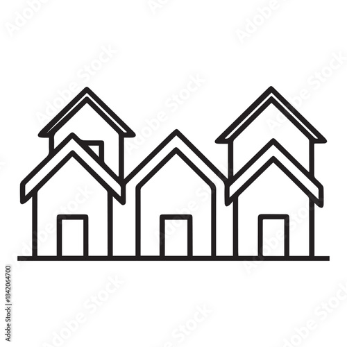 Outlined drawing of three simple house structures on transparent background silhouette