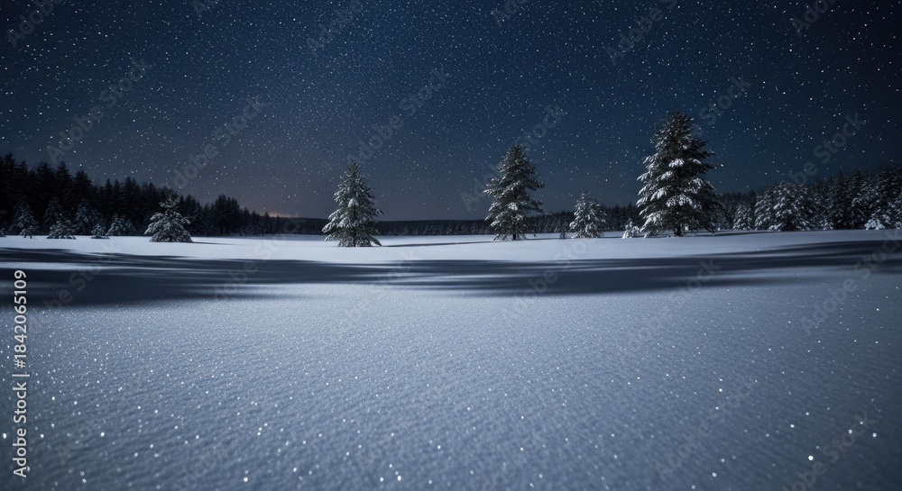 Naklejka premium A serene winter landscape with snow-covered trees and a starry night sky.