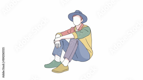 Young Man Sitting Down Wearing a Hat and Colorful Shirt.