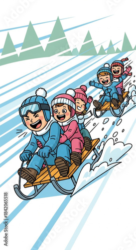 Children Enjoying a Sled Ride Down a Snowy Hill.