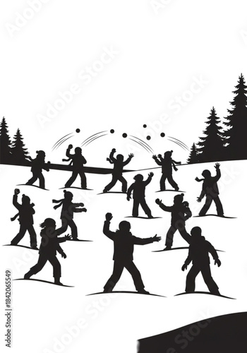 Silhouette Snowball Fight - A Winter Battle in Black and White.