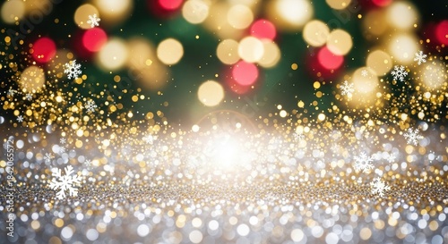 Christmas tree with red and gold lights and snowflakes against a black background.