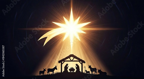 A silhouette of a nativity scene with a star shining above, featuring a manger, animals, and a stable.