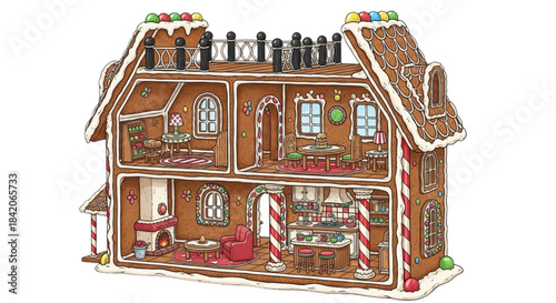 Detailed Gingerbread House Displaying Interior Rooms and Decorations.