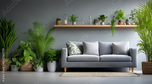 A modern living room featuring a stylish gray sofa surrounded by vibrant indoor plants and a wooden shelf.
