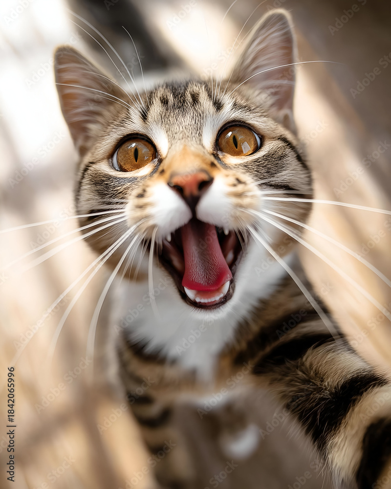 Fototapeta premium A playful and curious cat with vibrant eyes, showcasing its lively personality in a warm, inviting environment.