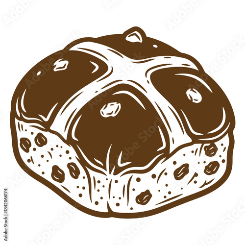 Vintage sketch illustration of a traditional hot cross bun with raisins isolated