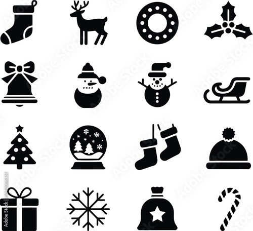 A comprehensive set of classic black silhouette icons representing various Christmas and winter holiday symbols