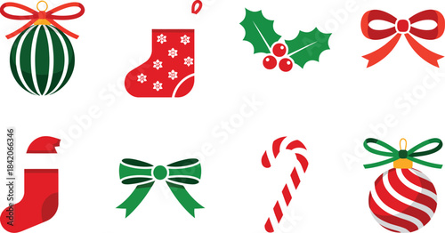 A delightful collection of Christmas holiday icons showcasing stockings, bows, and festive ornaments