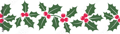 A horizontal border of green holly leaves with vibrant red berries spreading across a white background
