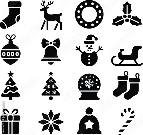 An extensive collection of monochrome Christmas and winter holiday silhouette icons on a clean white background