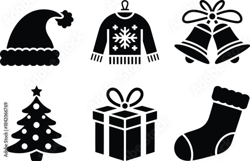 Black silhouette icons of classic Christmas holiday symbols on a plain white background