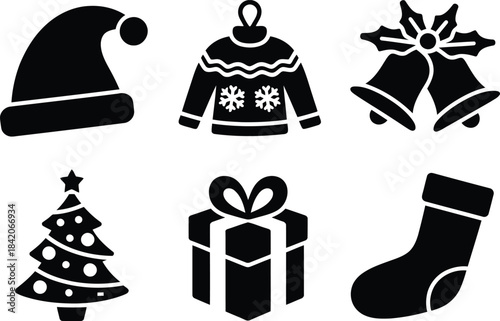 Six black silhouette Christmas icons Santa hat, sweater, bells, tree, gift, and stocking