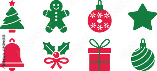 Traditional red and green Christmas holiday symbols and decorations on a bright white backdrop