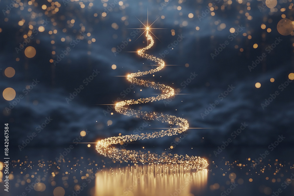 Obraz premium Magical Sparkling Light Christmas Tree on Dark Blue Background with Bokeh