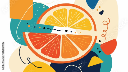 Vibrant Citrus Slice Illustration with Abstract Shapes and Colors.