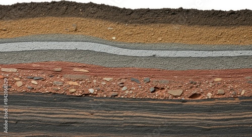 A cross-section of a geological formation, showing layers of sedimentary rock, sand, and gravel.