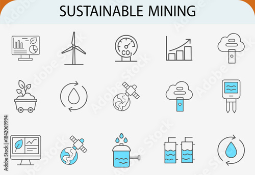 Sustainable mining line icons set carbon footprint financial value