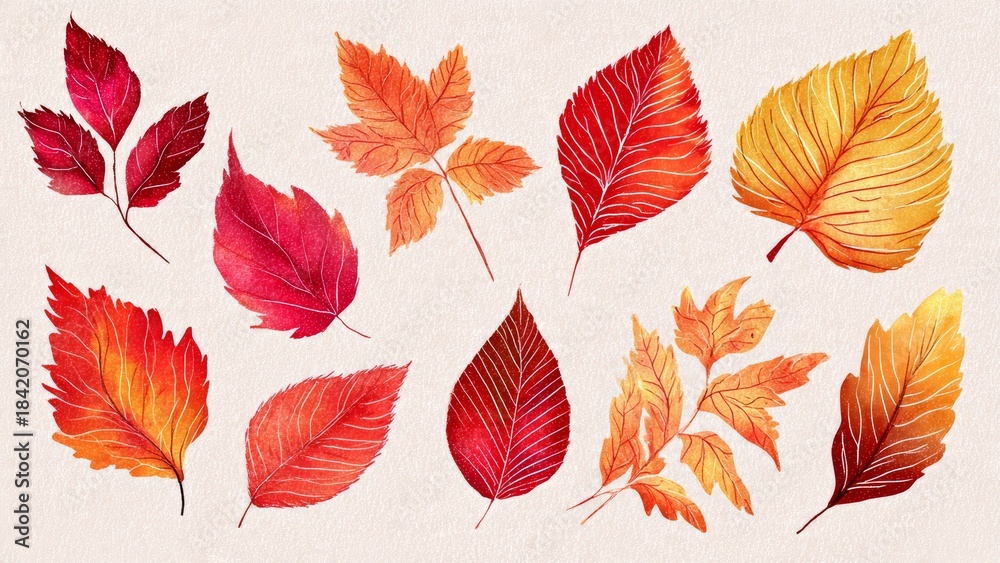 Fototapeta premium Watercolor Autumn Leaves Collection - Vibrant Fall Colors and Textures