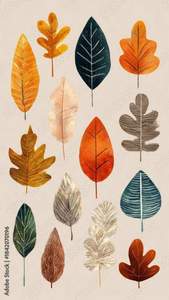 Fototapeta premium Collection of stylized autumn leaves in various colors and textures, presented as flat graphic elements on a neutral background.