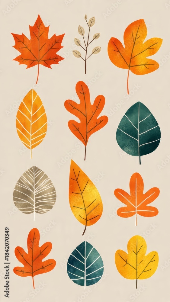 Obraz premium Collection of stylized autumn leaves in warm colors, hand-drawn illustration on a beige background, fall season graphic elements