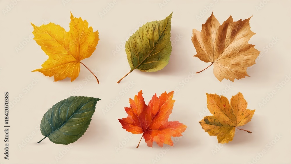 Fototapeta premium Collection of Six Autumn Leaves in Various Colors and Stages of Fall