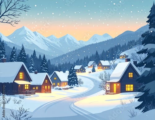 Cozy Christmas Village Vector – Winter Night Scene