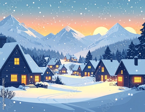 Winter Wonderland Village Illustration – Snowy Holiday Landscape