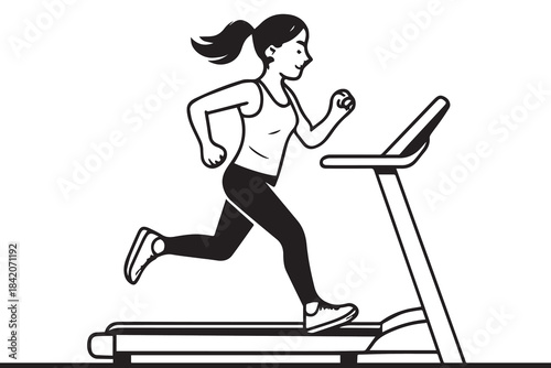 Simple vector illustration of a fit woman jogging steadily on a treadmill. It highlights concepts of fitness, consistent effort, and healthy lifestyle choices.