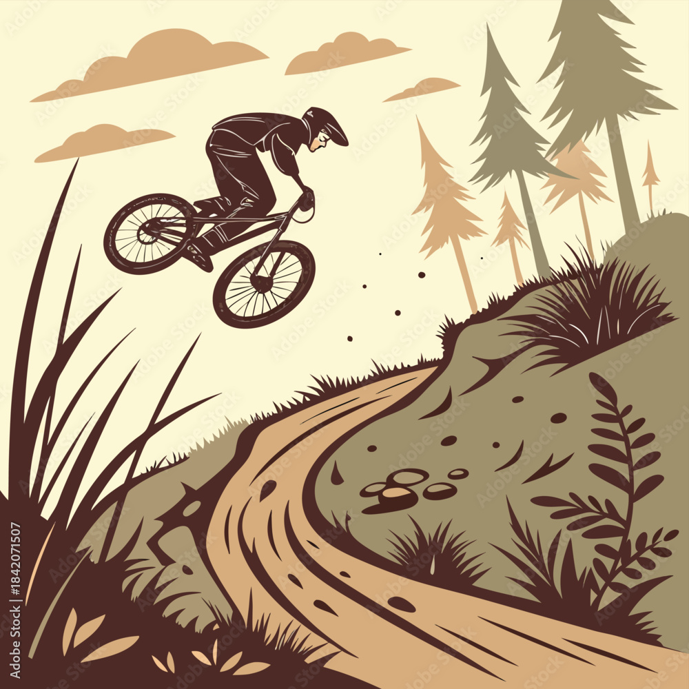 Fototapeta premium BMX Rider Soaring: A BMX rider executing a daring jump on a rugged, winding track, framed by trees, embodying the thrill of outdoor adventure and the precision of skill.